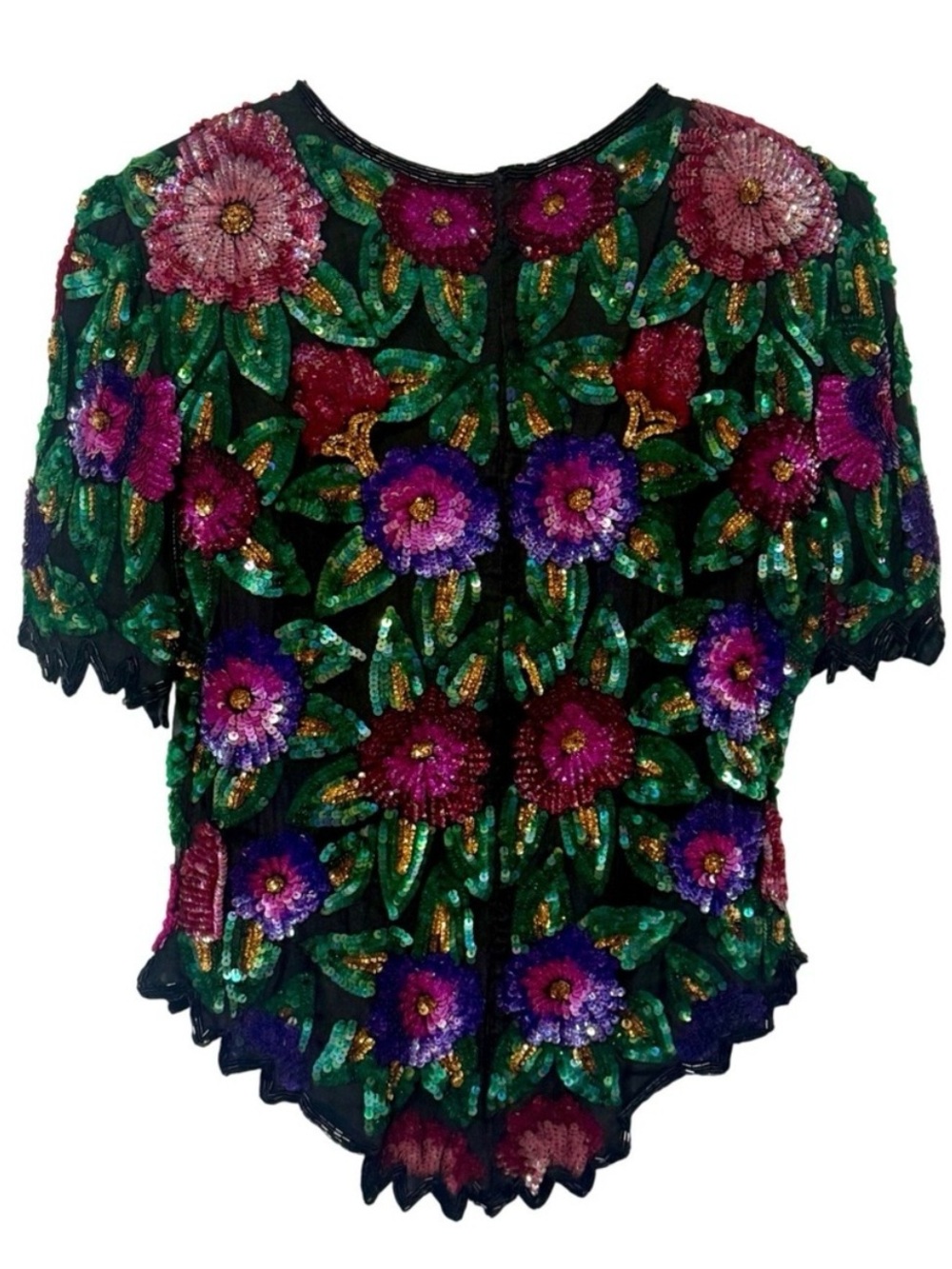 Laurence Kazar Silk Sequin Beaded‎ Top 80s 90s Floral Scalloped Blouse Vintage